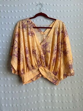 Free People One‎ Dance Floral Short Sleeve Cropped Dolman Top Sz S Orange